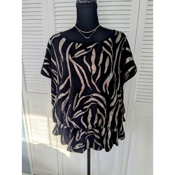 Beverly Drive Peplum Top Womens 3X Gold Sequined Tiger Pattern Black Blouse Glam - Picture 1 of 13